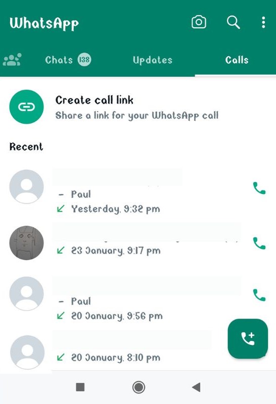 call tab in whatsapp