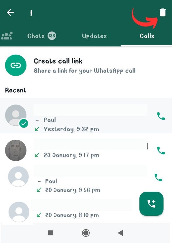 delete from recent call